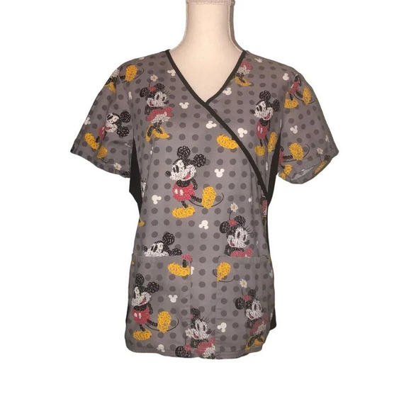 DISNEY Sz M Women’s Mickey & Minnie Gray V-Neck Pockets Short Sleeves Scrub Top - Picture 1 of 6